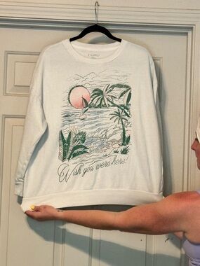 Z Supply White Graphic Sweatshirt with Pink Sun and Green Palm Print